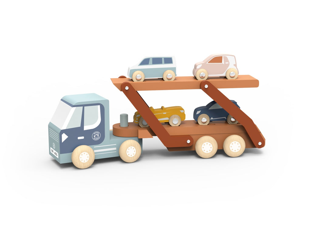 Speedy Monkey Camion transportor cu 4 masinute din lemn certificat FSC pentru copii 18 luni