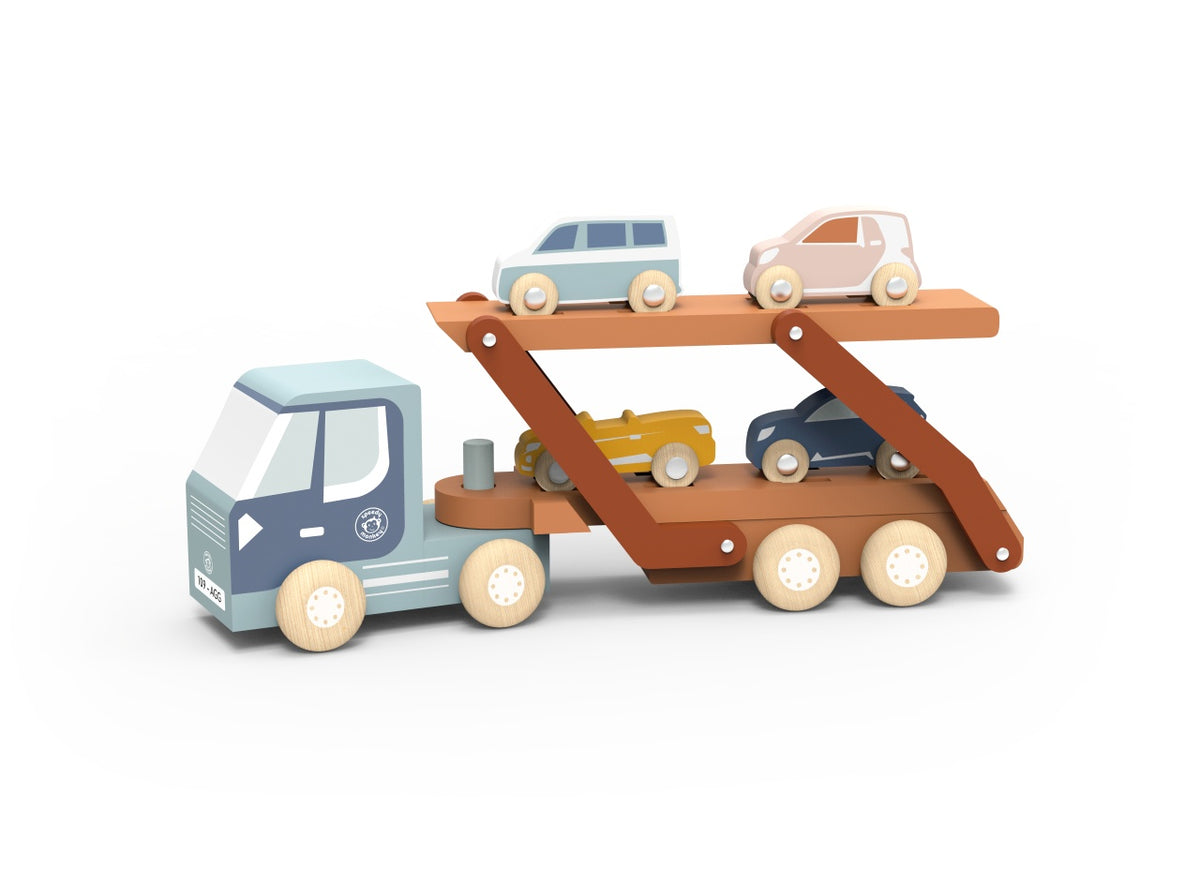 Speedy Monkey Camion transportor cu 4 masinute din lemn certificat FSC pentru copii 18 luni