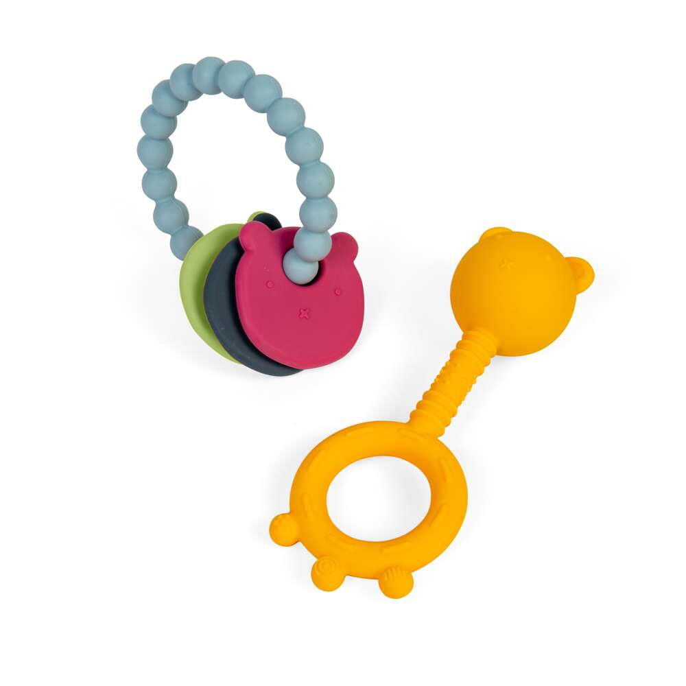 BIGJIGS Toys Set 2 jucării dentiție Ursuleț cu clopoțel și suprafețe texturate, de la 0 luni