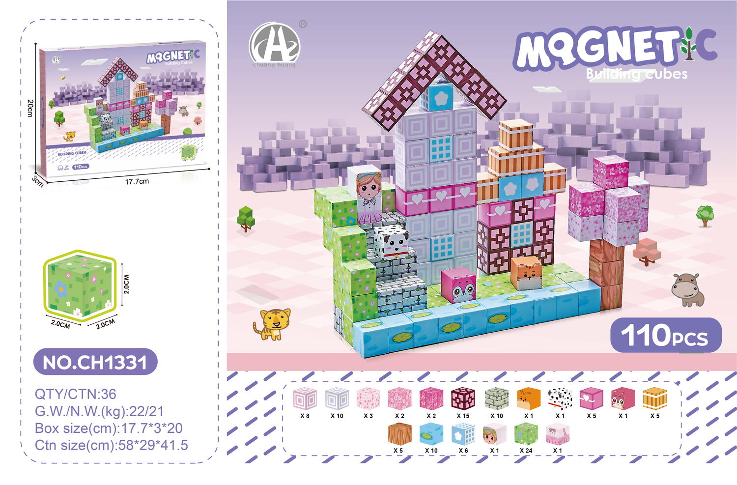 Cuburi magnetice  - Universul printeselor 110 piese (2 cm)
