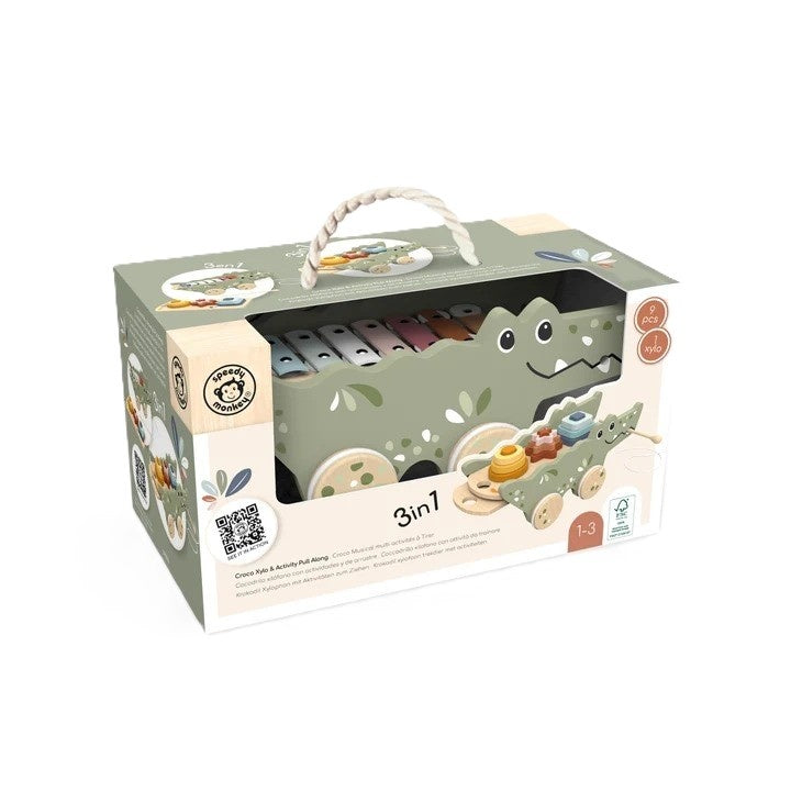 Speedy Monkey Crocodil din lemn cu xilofon si piese de stivuire, lemn certificat FSC, 18 luni