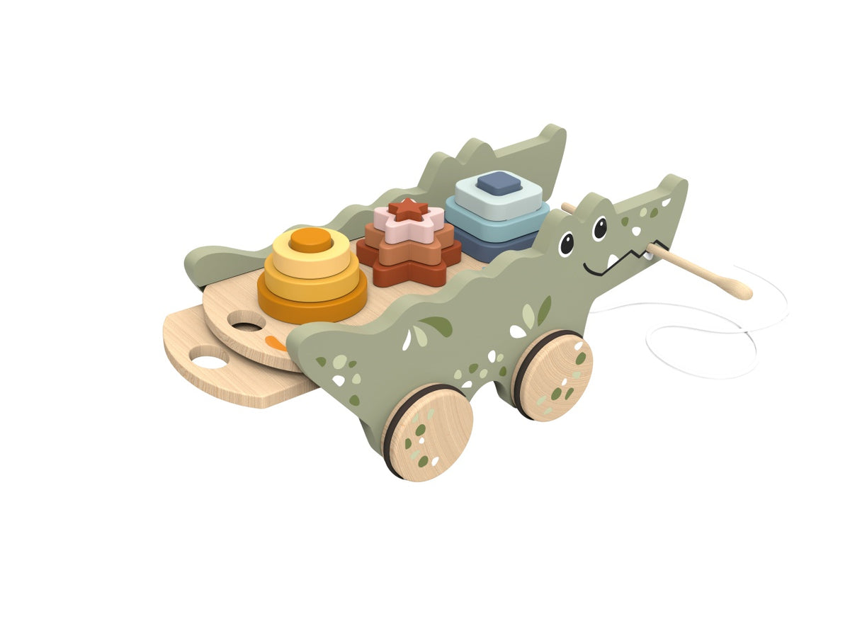 Speedy Monkey Crocodil din lemn cu xilofon si piese de stivuire, lemn certificat FSC, 18 luni