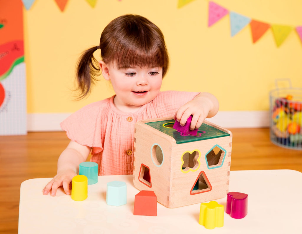 B.Toys Wooden Educational Cube with 9 Different Shapes