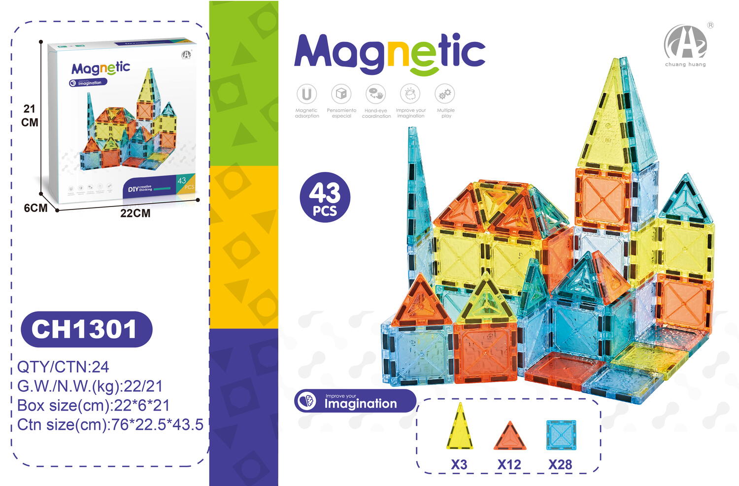 Joc de constructie magnetic - 43 piese (5.5 cm)