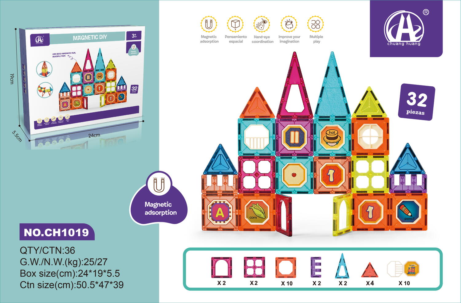 Set de constructie magnetic - 32 piese (7.5 cm)