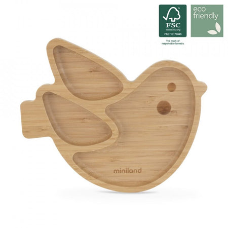 Miniland Farfuriuta compartimentata cu baza din silicon Chick din bambus si lemn 6 luni+
