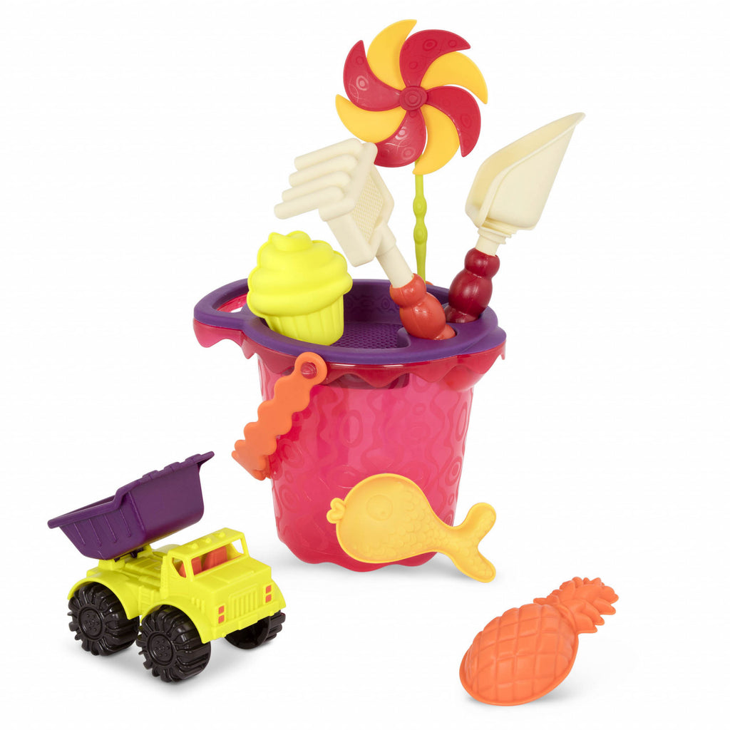 Red B.Toys Bucket with 9 Sand Toys