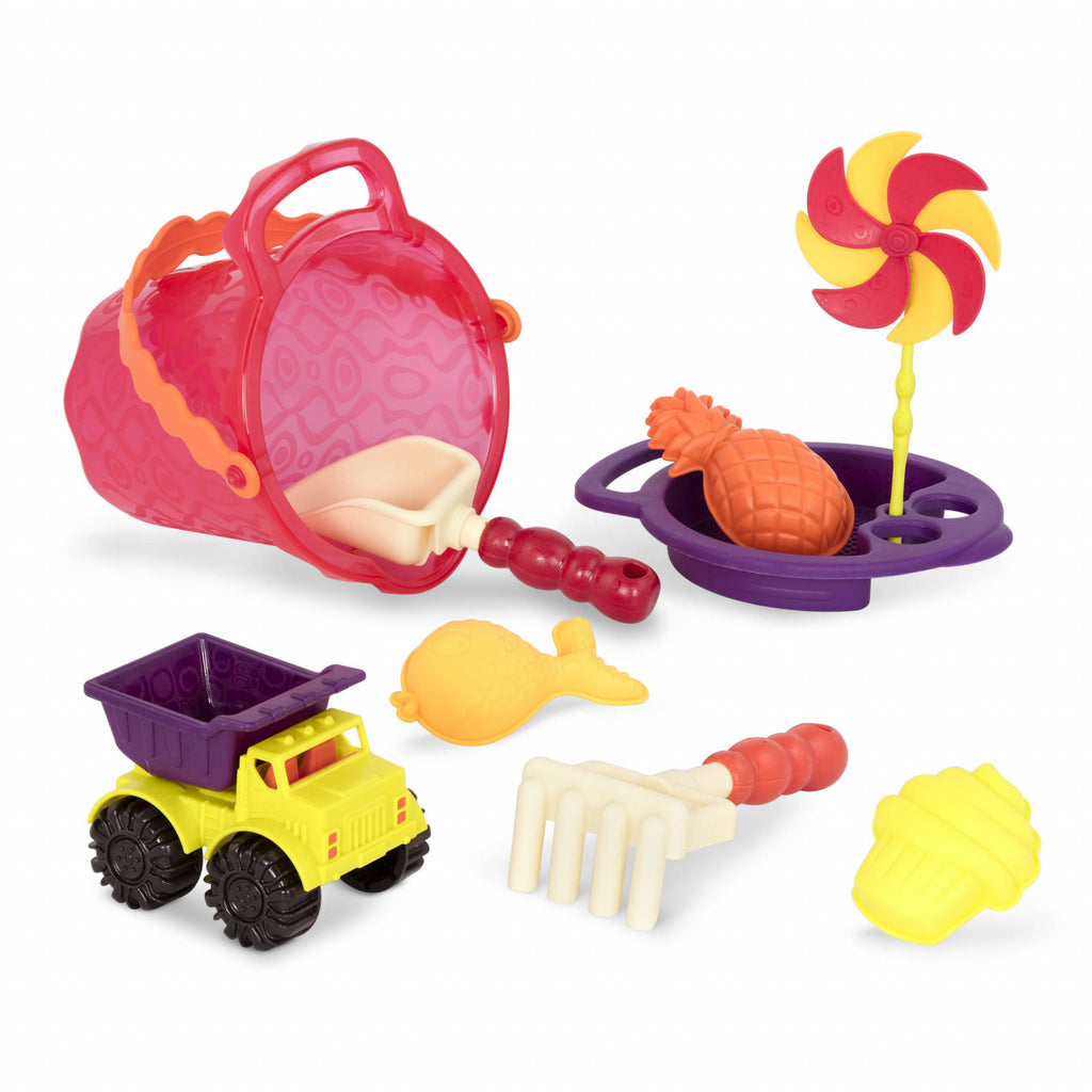 Red B.Toys Bucket with 9 Sand Toys