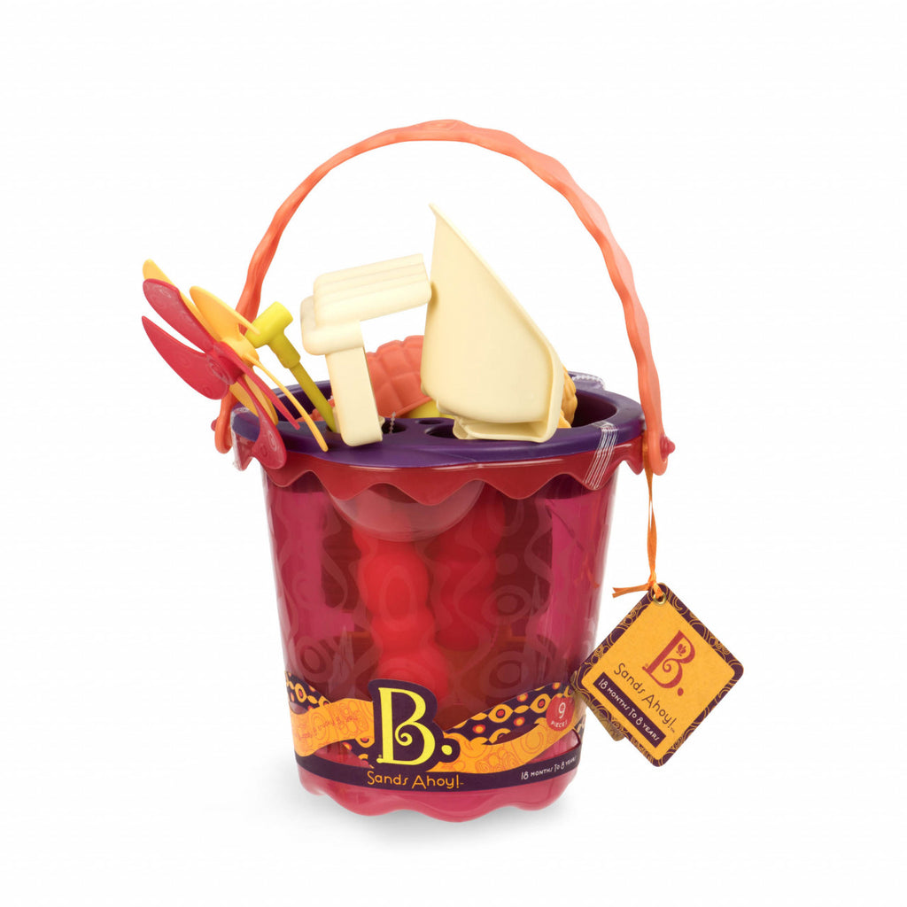 Red B.Toys Bucket with 9 Sand Toys