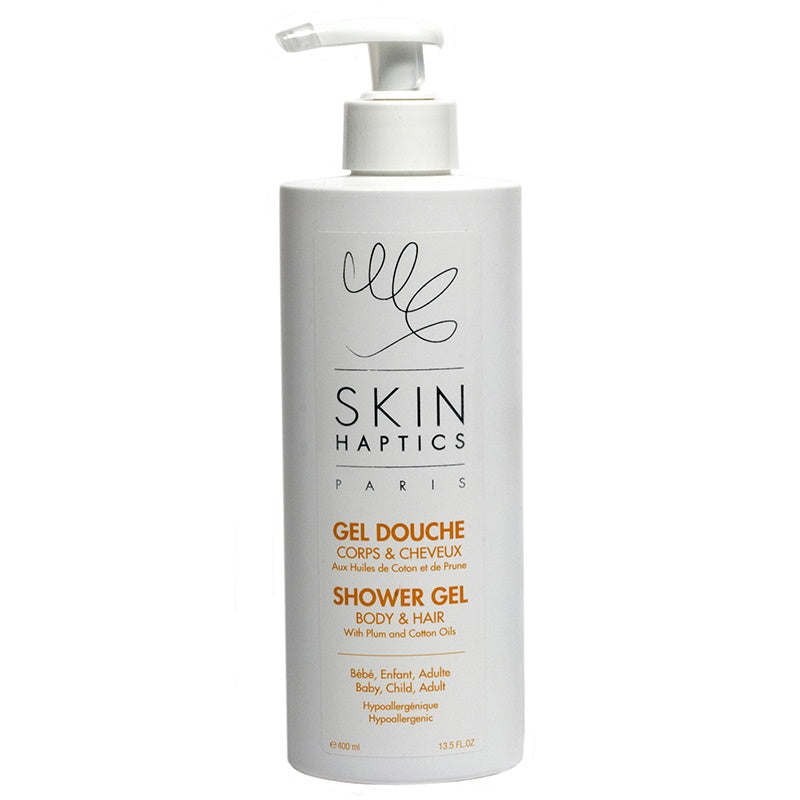 Skinhaptics shower gel with natural oils, ideal for gentle cleansing of skin and hair, suitable for babies, children, and parents, 400 ml