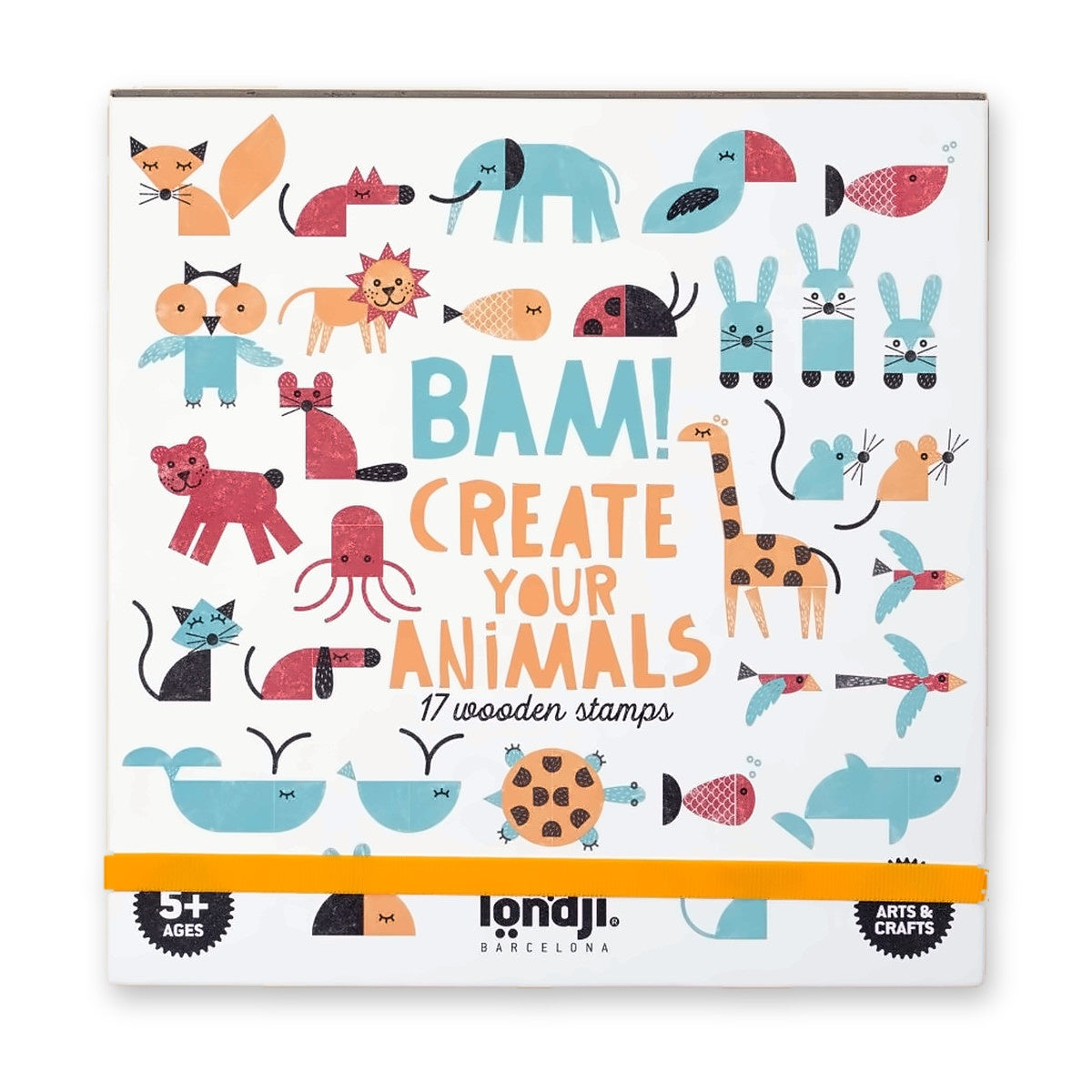 Londji Joc creativ ștampile Animale cu 16 ștampile din lemn, 4 tușiere colorate și caiet inclus
