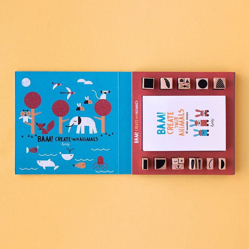Londji Joc creativ ștampile Animale cu 16 ștampile din lemn, 4 tușiere colorate și caiet inclus