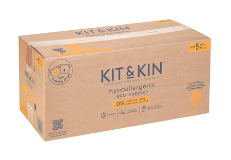 Kit and Kin scutece mărimea 5, 11 kg+, 112 buc, nucleu absorbant cu pastă de lemn, model koala și maimuță