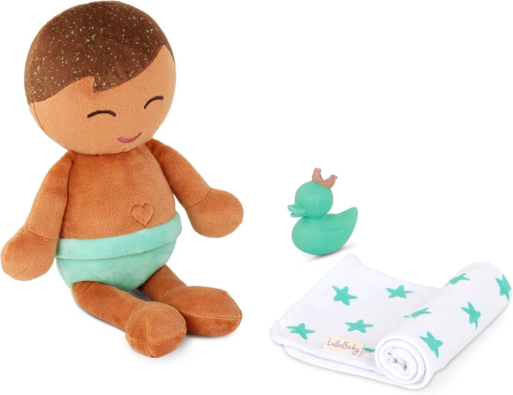 LullaBaby Papusa baietel cu par castaniu pentru baie cu accesorii, 35 cm