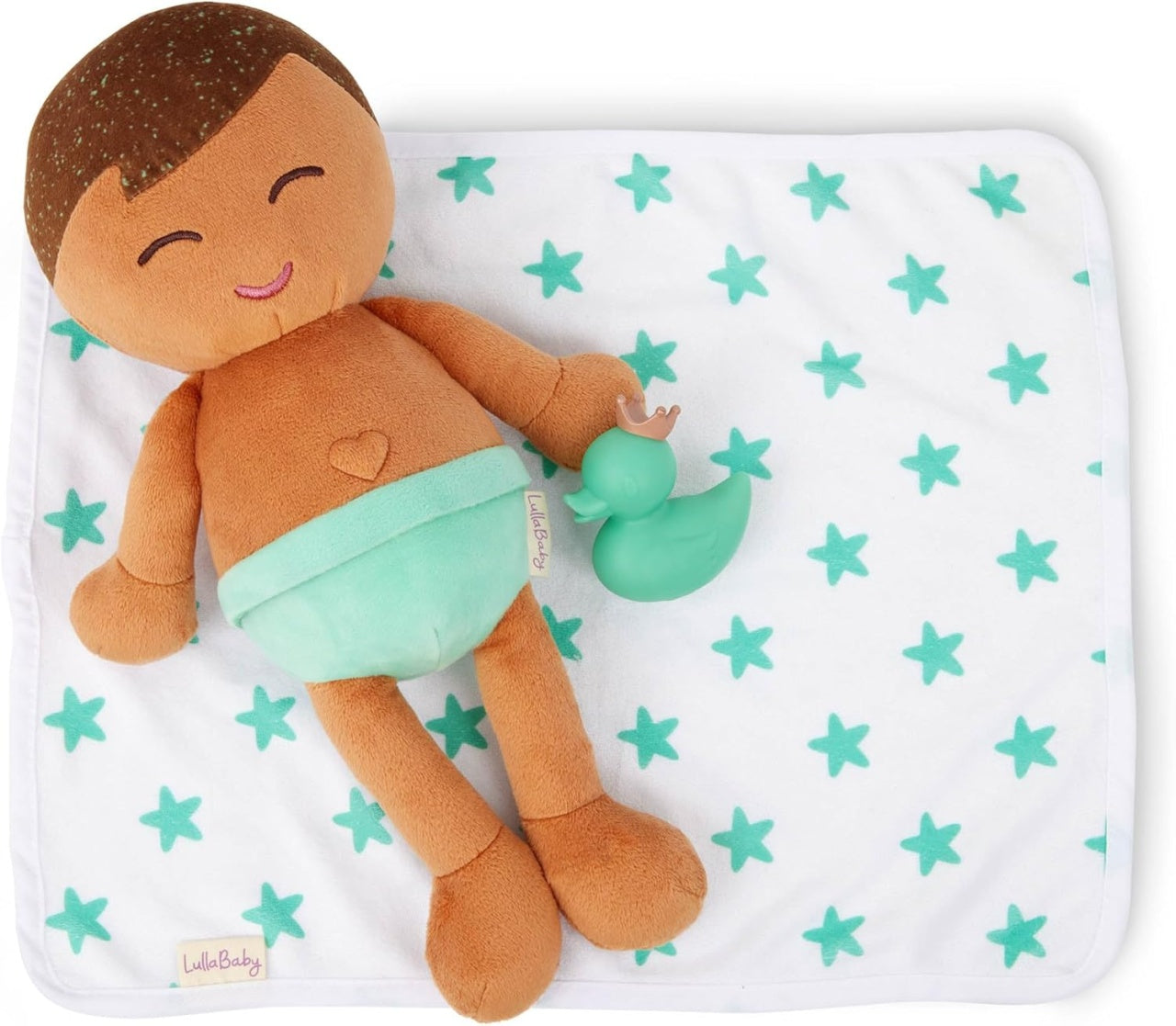 LullaBaby Papusa baietel cu par castaniu pentru baie cu accesorii, 35 cm