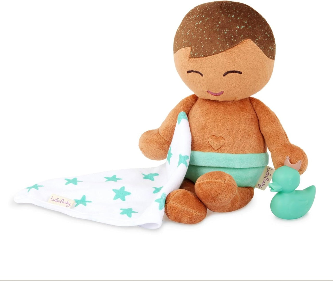 LullaBaby Papusa baietel cu par castaniu pentru baie cu accesorii, 35 cm