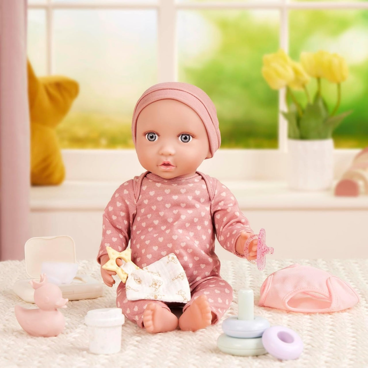 LullaBaby Papusa bebelus cu pijamale si caciulita roz, 35 cm