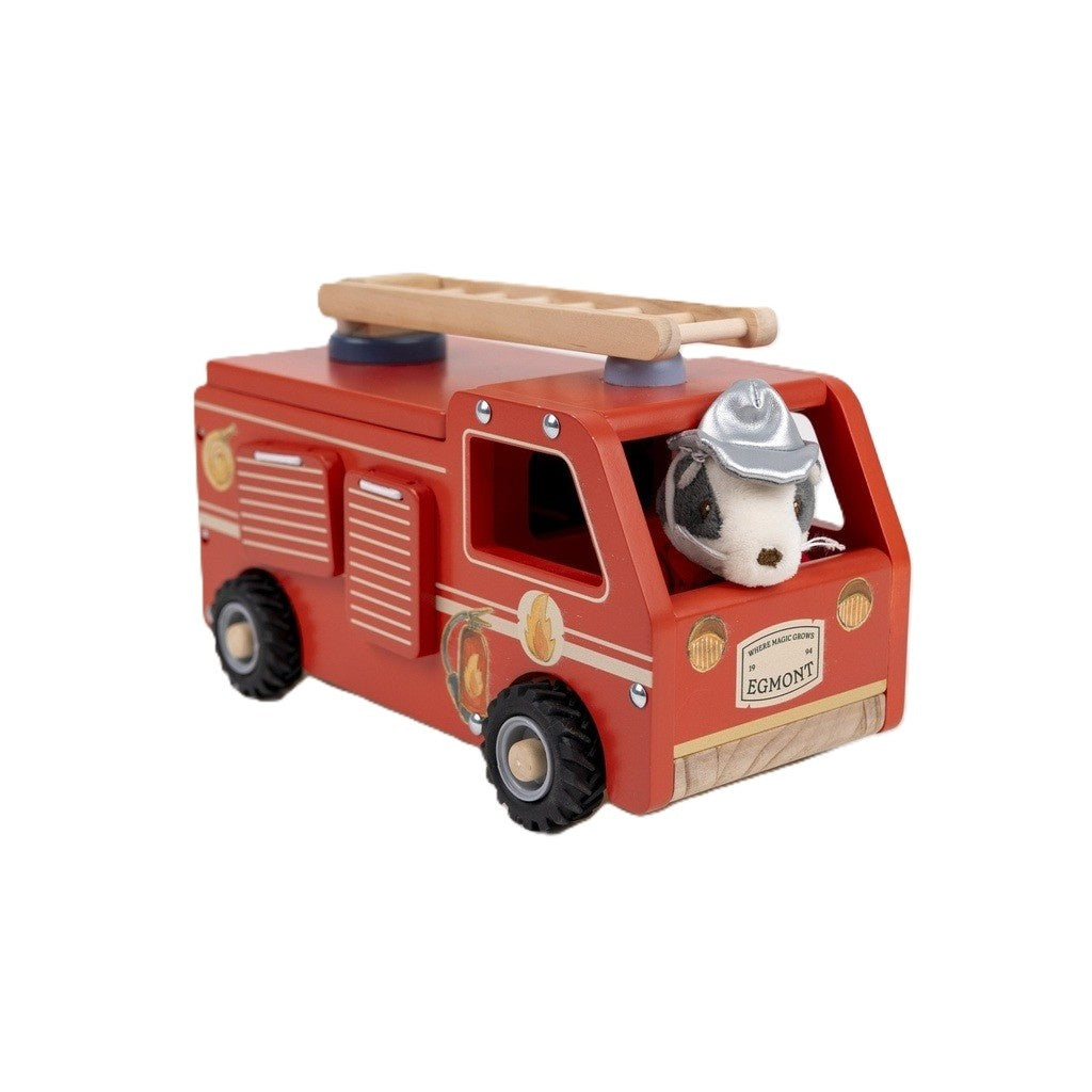 Egmont Toys Masina de pompieri din lemn cu accesorii, personaj pompier miniatural, 18 luni