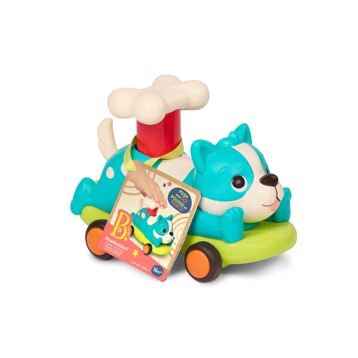 BToys Masinuta catel turcoaz cu sistem push&go, fara baterii, peste 18 luni