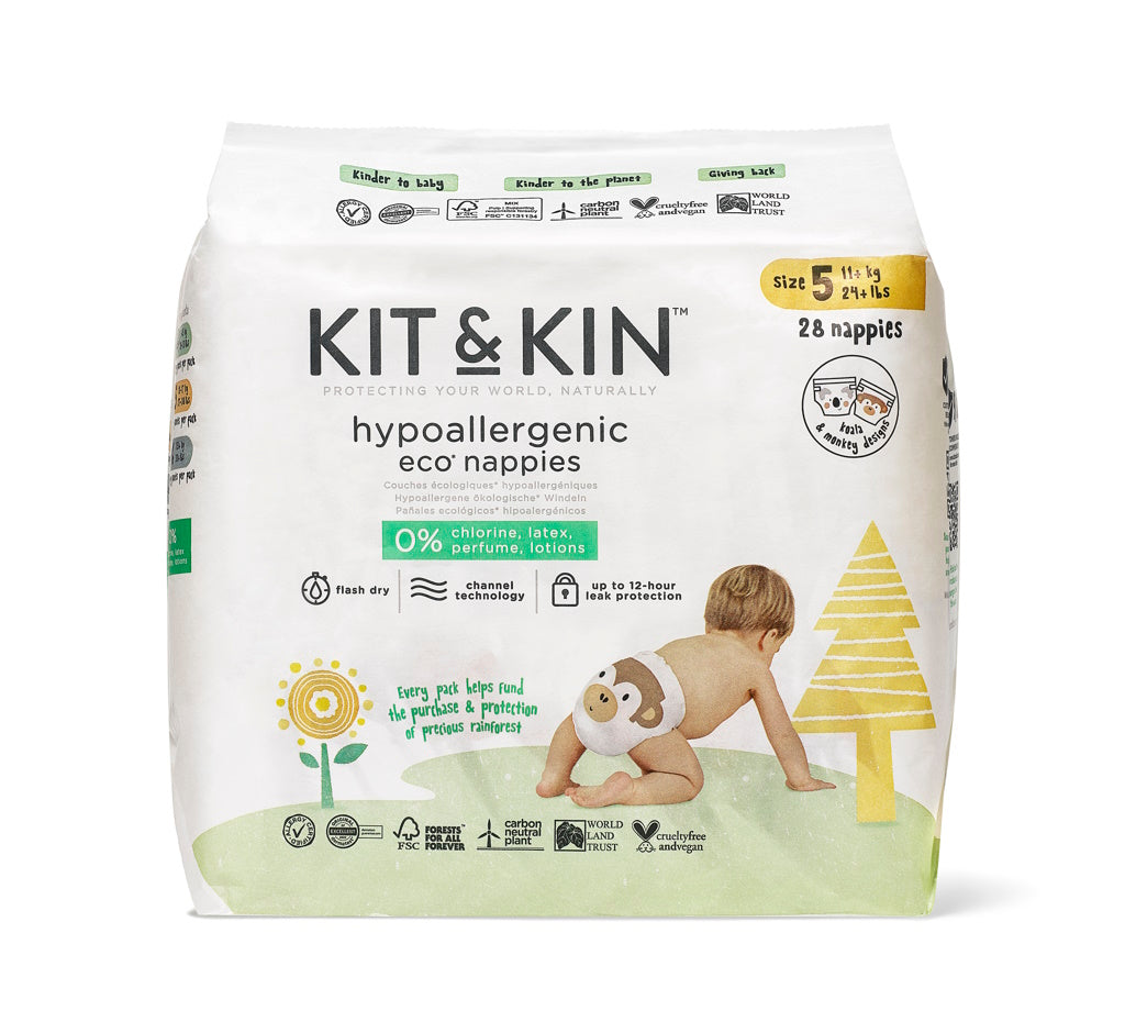 Kit and Kin Scutece Hipoalergenice Eco Marimea 5, 11 kg+, 28 buc, certificate FSC, Dermatest, Alergy Certified