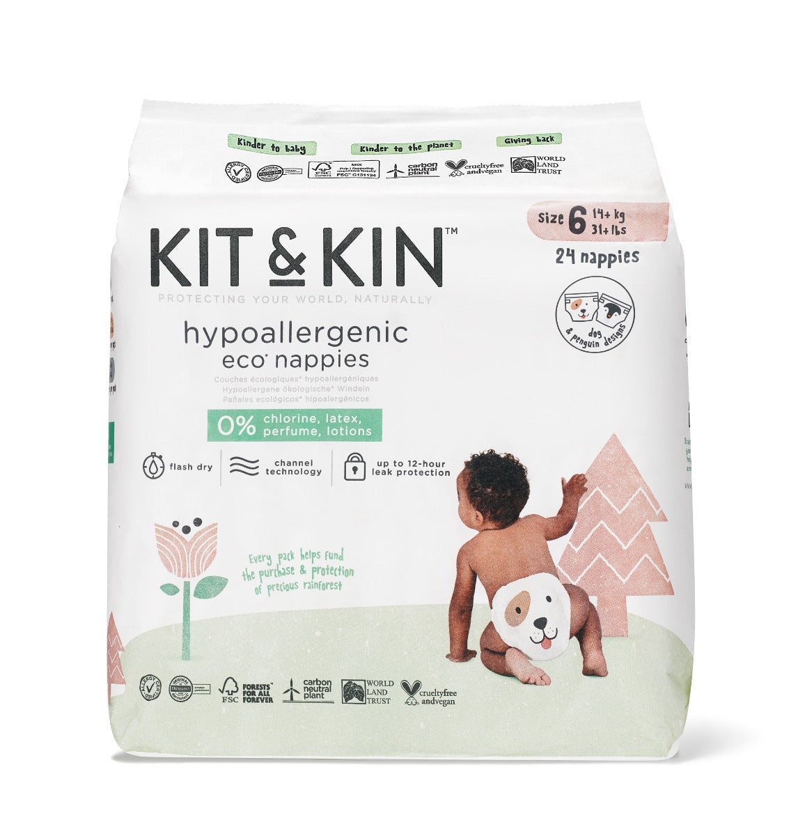Hypoallergenic Eco Nappies Kit&Kin, Size 6, 14 kg+, 96 pcs