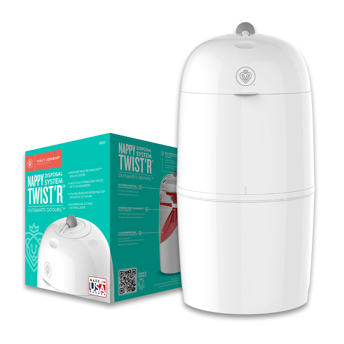 Prince Lionheart Nappy Twist'R White Airtight Bin for Dirty Nappies