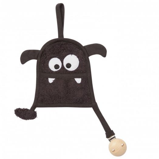 Bamboo teething textile with wooden pacifier clip Graphite Monster