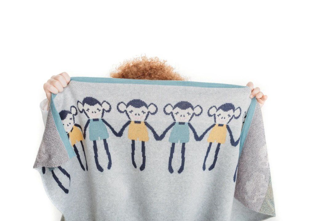 Grey Knitted Cotton Blanket with Colorful Monkeys