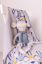 Grey Knitted Cotton Blanket with Colorful Monkeys