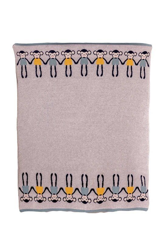 Grey Knitted Cotton Blanket with Colorful Monkeys