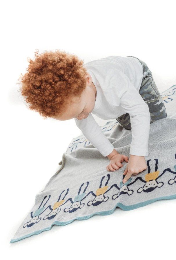 Grey Knitted Cotton Blanket with Colorful Monkeys