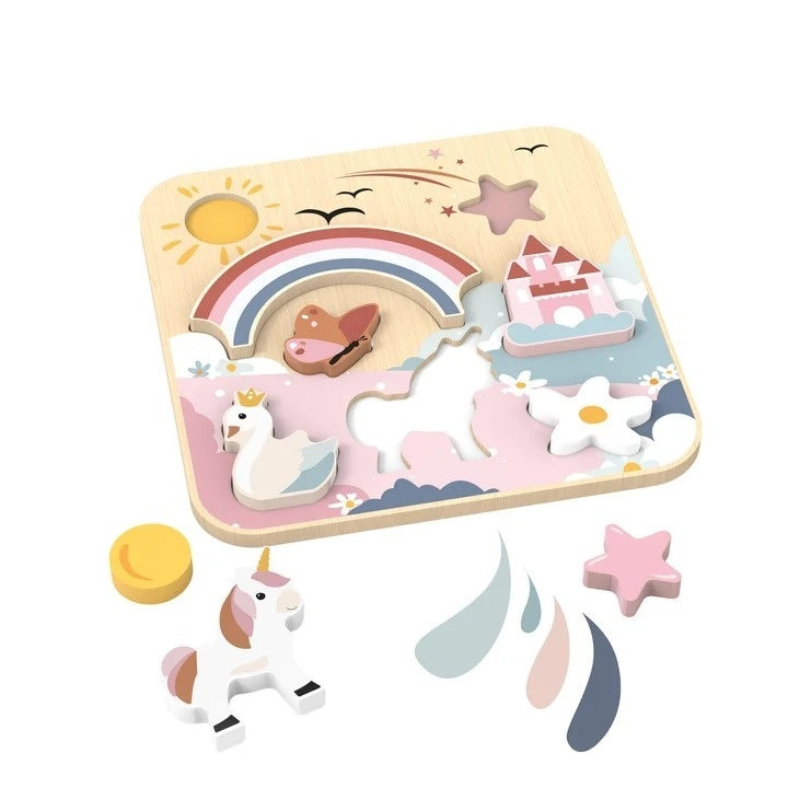 Speedy Monkey Puzzle cu unicorn din lemn incastru 8 piese personaje de basm din lemn certificat FSC 12 luni+