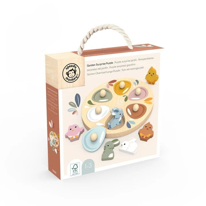 Speedy Monkey Puzzle din lemn cu surpriza puisori si iepurasi 12 luni+ certificat FSC vopsele non-toxice