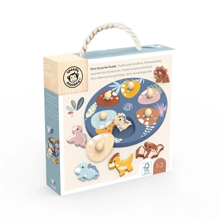 Speedy Monkey Puzzle din lemn Dinozauri cu maner 12 luni+ lemn certificat FSC vopsele non-toxice
