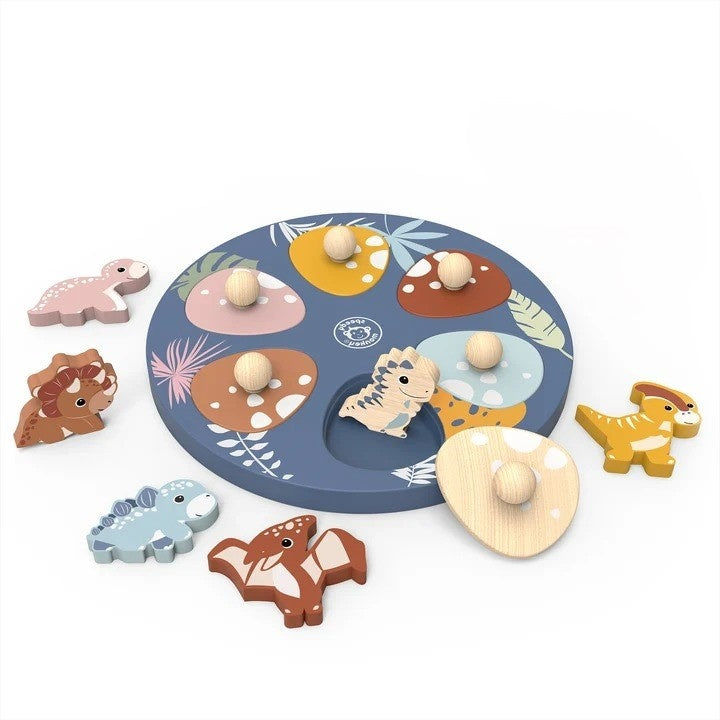 Speedy Monkey Puzzle din lemn Dinozauri cu maner 12 luni+ lemn certificat FSC vopsele non-toxice
