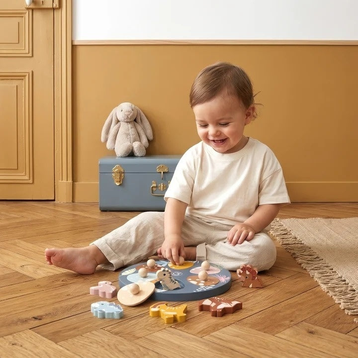 Speedy Monkey Puzzle din lemn Dinozauri cu maner 12 luni+ lemn certificat FSC vopsele non-toxice