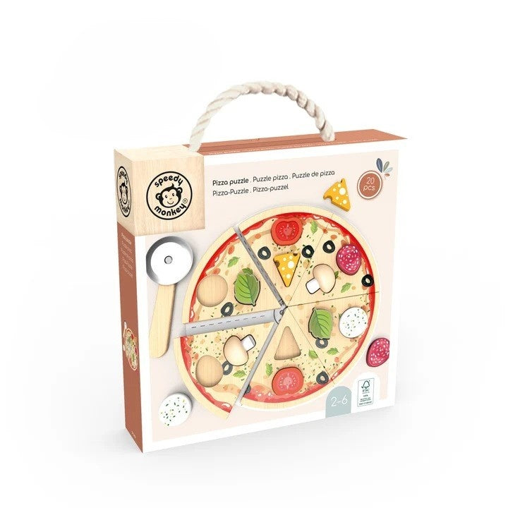 Speedy Monkey Puzzle din lemn in forma de pizza cu toppinguri detasabile, 3 ani+, lemn certificat FSC