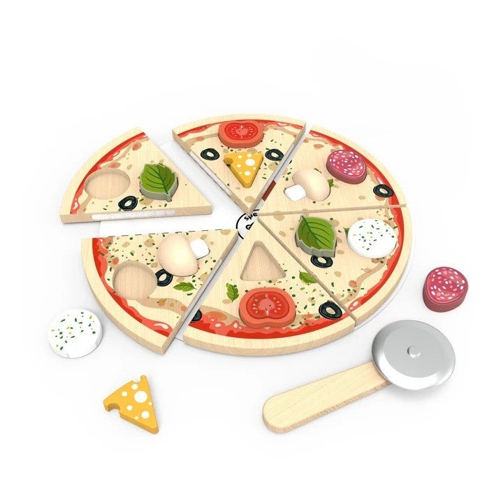 Speedy Monkey Puzzle din lemn in forma de pizza cu toppinguri detasabile, 3 ani+, lemn certificat FSC