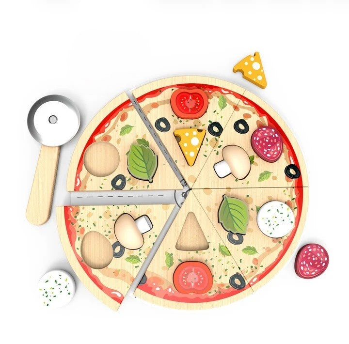 Speedy Monkey Puzzle din lemn in forma de pizza cu toppinguri detasabile, 3 ani+, lemn certificat FSC
