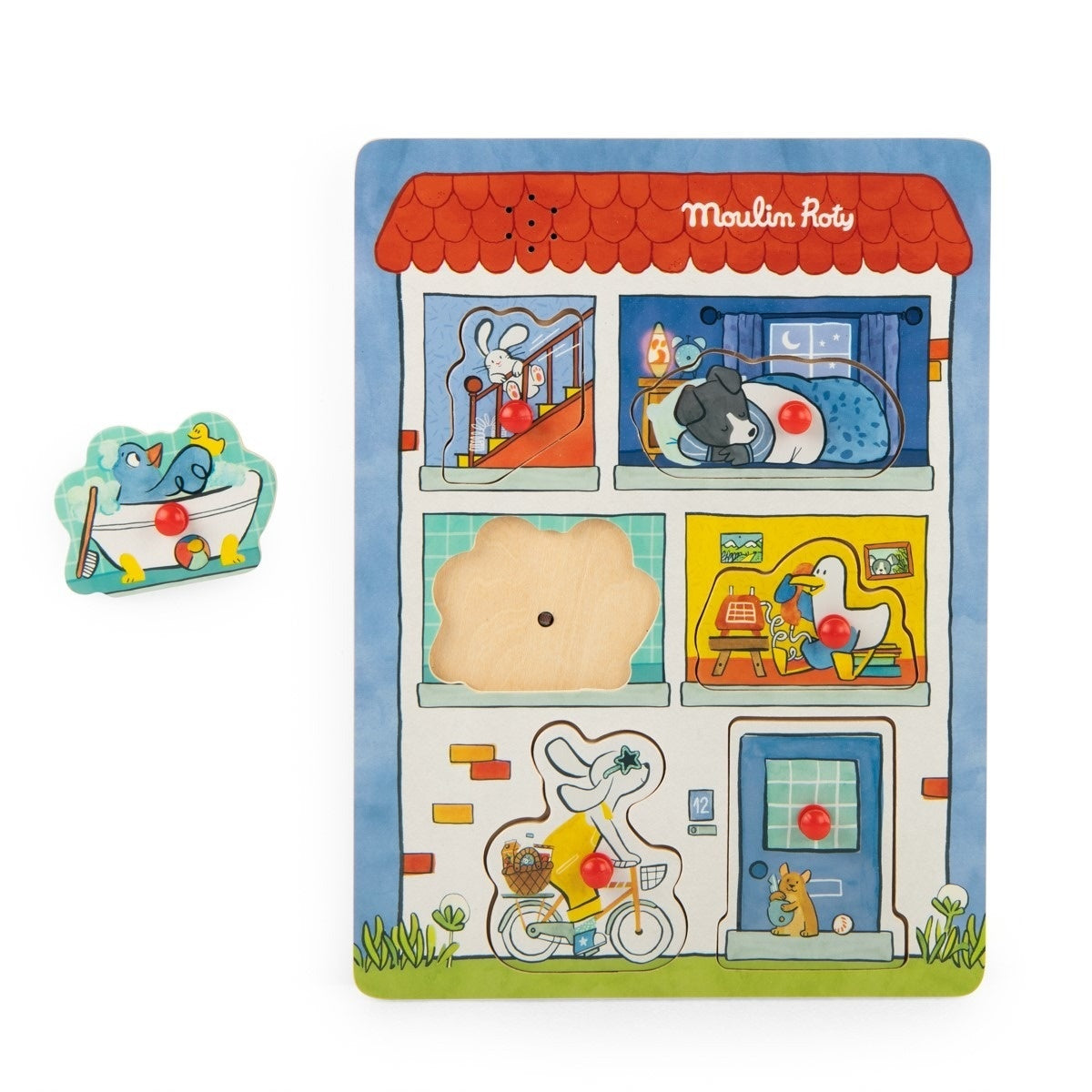Puzzle educativ din lemn cu sunete, Moulin Roty
