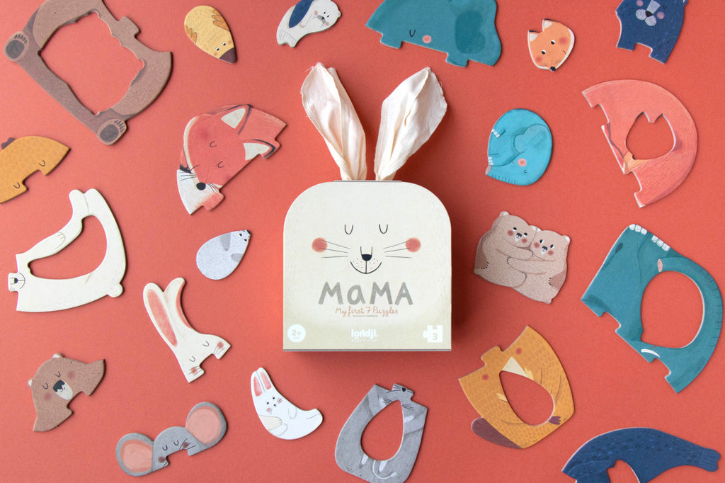Londji Puzzle Mama Dă-mi o îmbrățișare, 7 puzzle-uri cu 3 piese mari, din carton, pentru copii 2 ani+