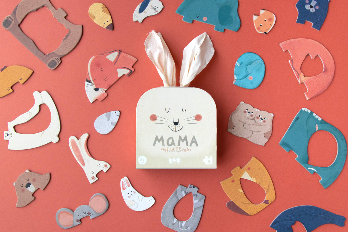 Londji Puzzle Mama Dă-mi o îmbrățișare, 7 puzzle-uri cu 3 piese mari, din carton, pentru copii 2 ani+
