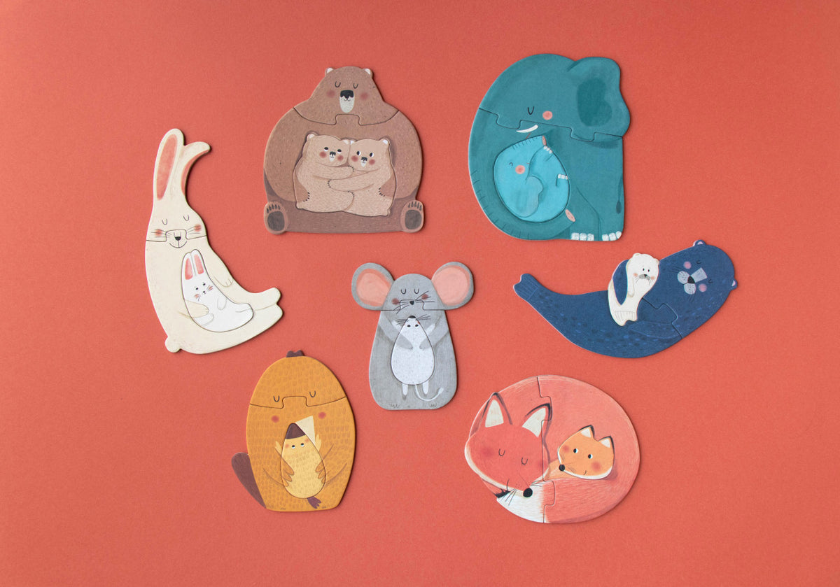 Londji Puzzle Mama Dă-mi o îmbrățișare, 7 puzzle-uri cu 3 piese mari, din carton, pentru copii 2 ani+