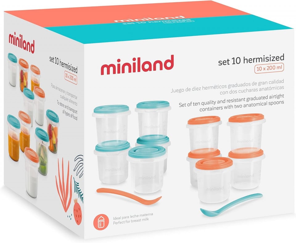 Set 10 recipiente ermetice gradate cu 2 lingurite Miniland Mediteranean 200 ml