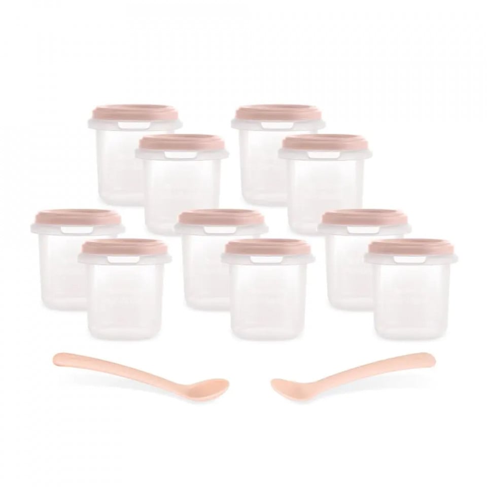 Set 10 recipiente ermetice gradate cu 2 lingurite Miniland Candy 200 ml