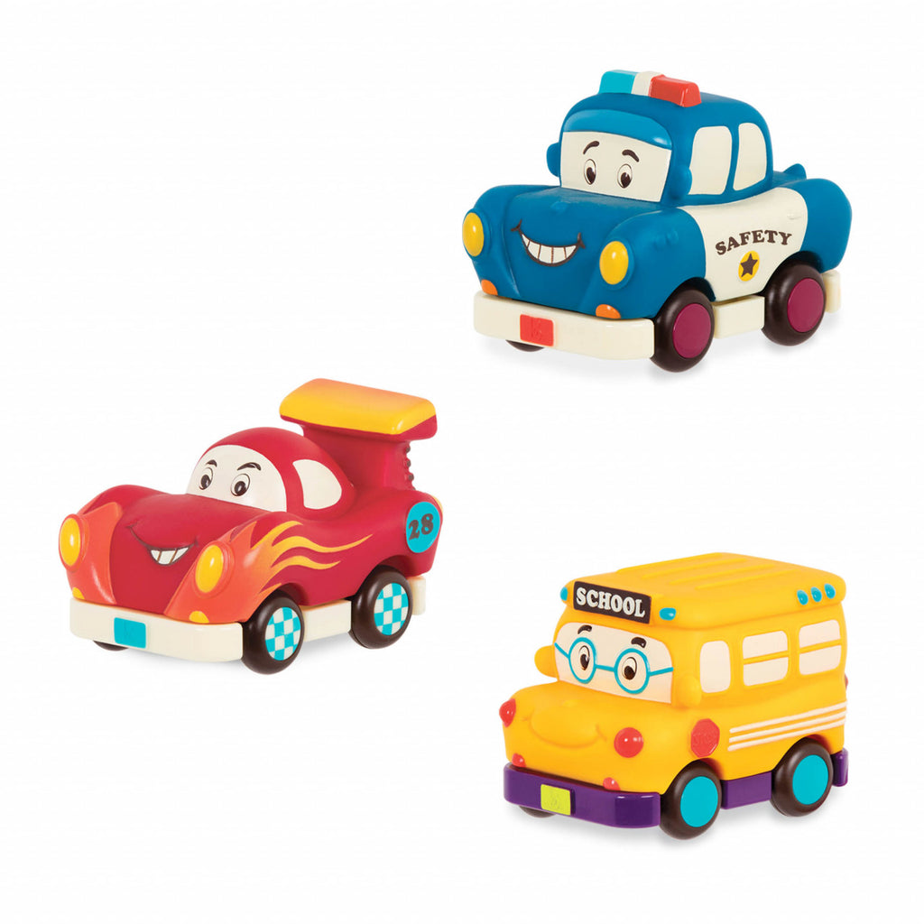 Set 3 mini masinute - curse, politie si autobuz de scoala B.Toys
