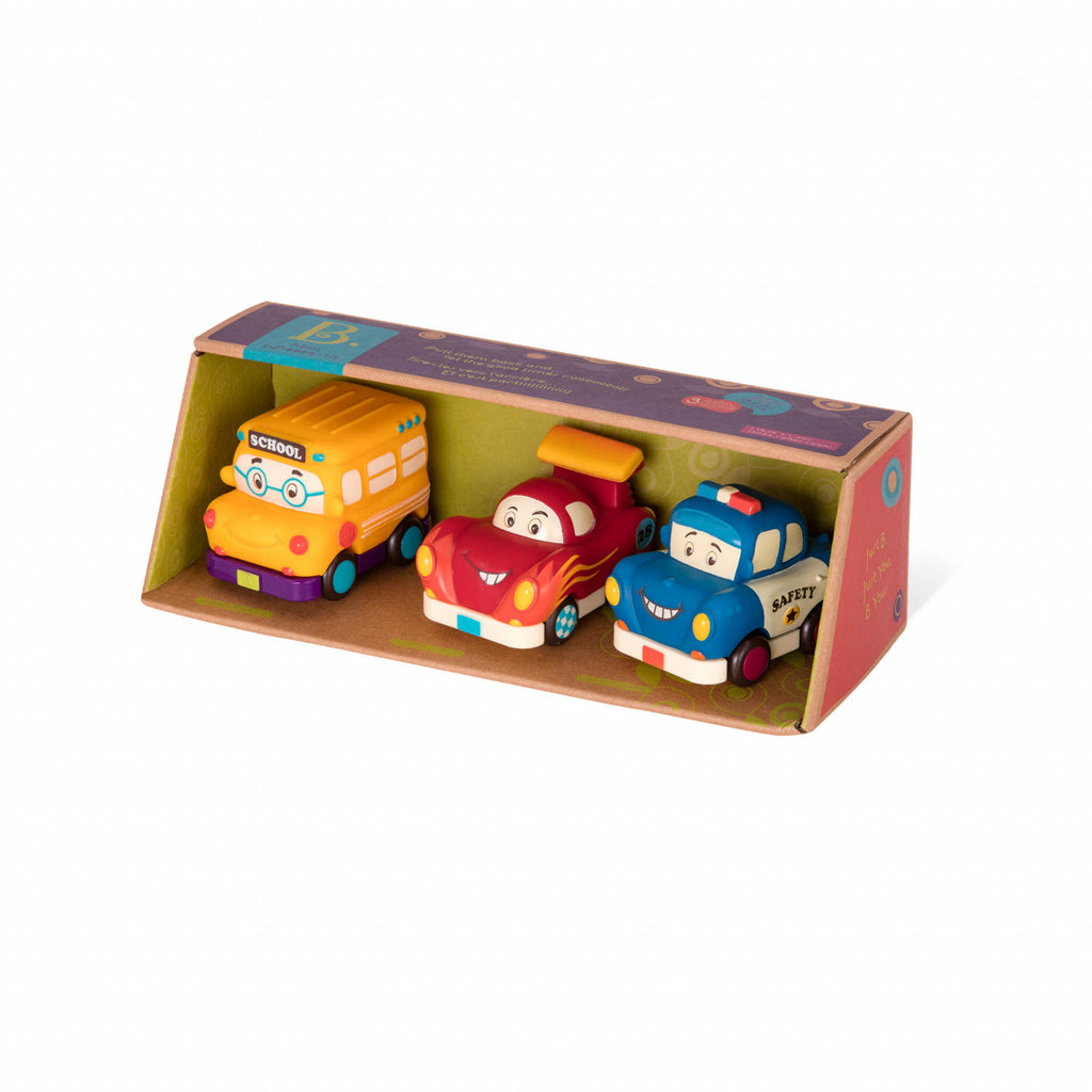 Set 3 mini masinute - curse, politie si autobuz de scoala B.Toys