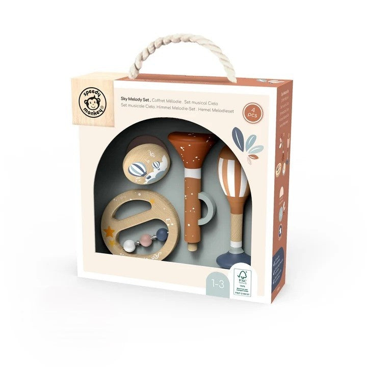 Speedy Monkey Set 4 instrumente muzicale din lemn certificat FSC, 1-3 ani, tamburina maracas castanieta
