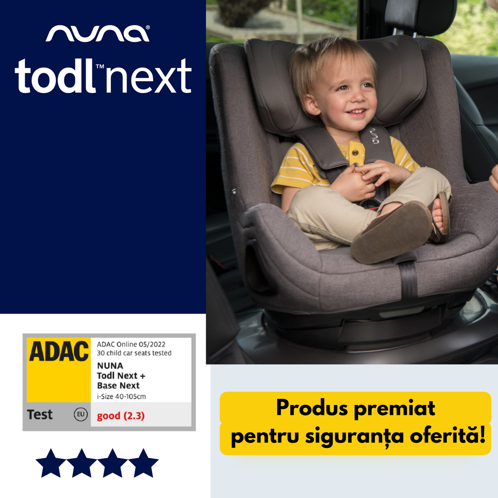 Nuna - Set Scaun auto rotativ i-Size TODL next Granite, 40-105 cm + Baza isofix BASE next i-Size pentru TODL next, testat ADAC