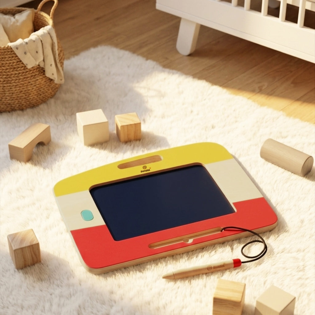 Svoora Tabla magica din lemn cu ecran LCD, stilou si buton Glow & Go, 3 ani+, lemn de mesteacan, conform EN71 ASTM